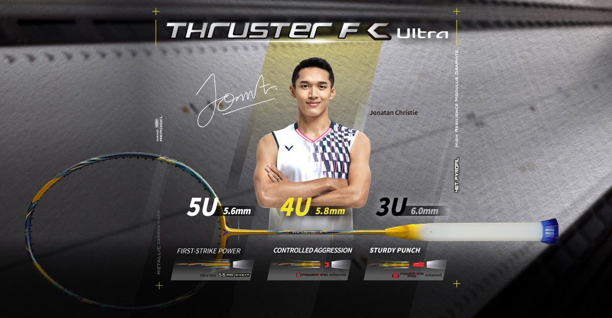 Victor Thruster F Claw Ultra badminton racket with Jonatan Christie